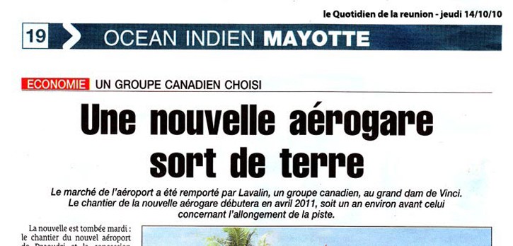 Article paru sur l'aérogare de Pamandzi - Mayotte, paru dans le Quotidien de la Réunion du 14/10/2010