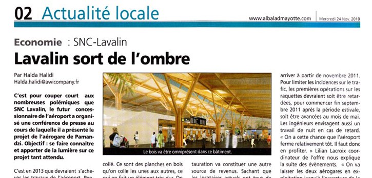Article paru sur l'aérogare de Pamandzi - Mayotte, paru dans Albalad (Quotidien de Mayotte) du 24/11/2010