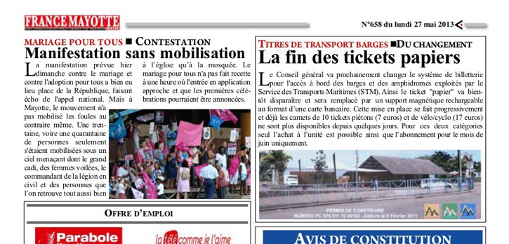 Article paru dans France Mayotte Matin du 27 Mai 2013 - N°658