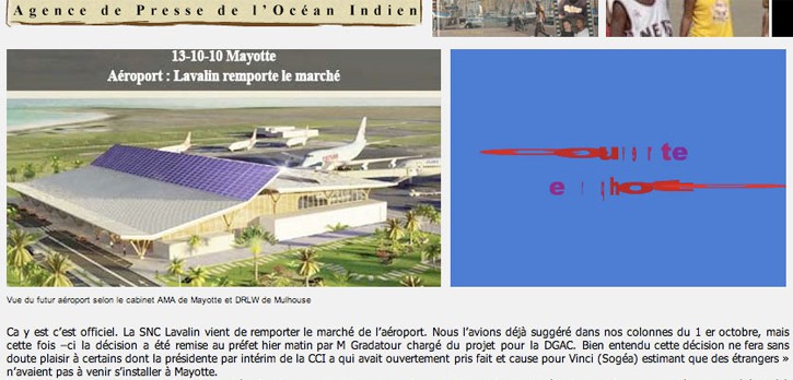 Article sur l'aéroport de Pamandzi - Mayotte, paru sur le site en ligne de Agence de Presse de l'Océan Indien du 13/10/2010