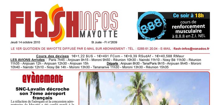 Article sur l'aéroport de Pamandzi - Mayotte, paru dans le Flash Infos du 14/10/2010