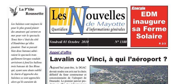 Article sur l'aéroport de Pamandzi - Mayotte, paru dans les Nouvelles de Mayotte du 01/10/2010