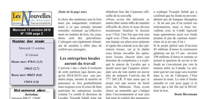Article sur l'aéroport de Pamandzi - Mayotte, paru dans les Nouvelles de Mayotte du 13/10/2010