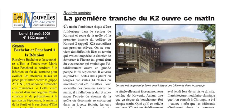 Article sur le lycée modulaire de Kawéni - Mayotte, paru dans les Nouvelles de Mayotte du 24/08/2009