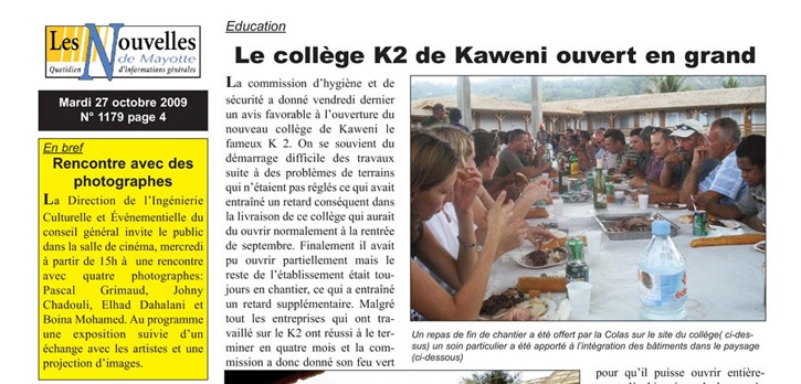 Article sur le lycée modulaire de Kawéni - Mayotte, paru dans les Nouvelles de Mayotte du 27/10/2009