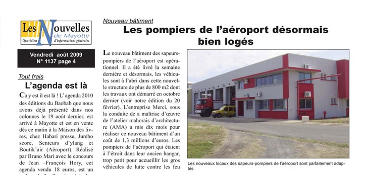 Article sur le S.S.L.I.A. de l'aéroport de Pamandzi - Mayotte, paru dans les Nouvelles de Mayotte du 28/08/2009